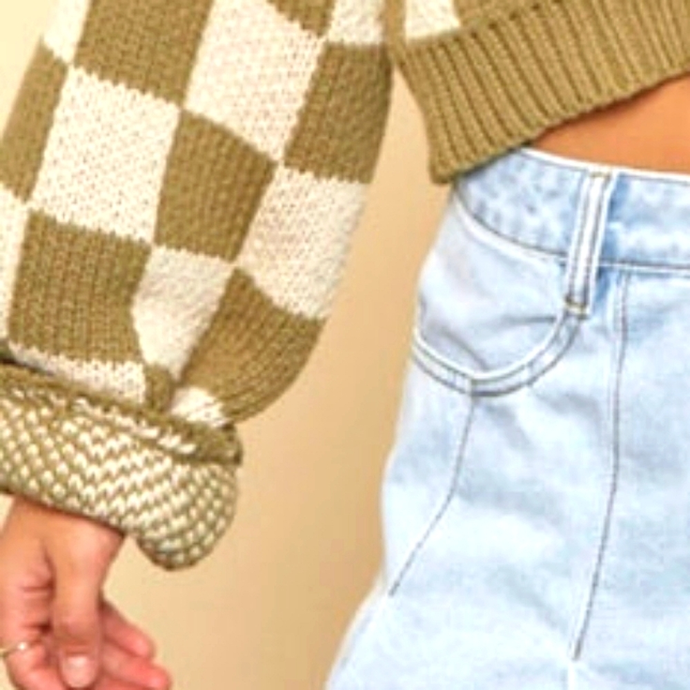AFTER SCHEX Puff Balloon Sleeve Check Chunky V-Neck Crop Oversized Sweat… - Picture 3 of 12